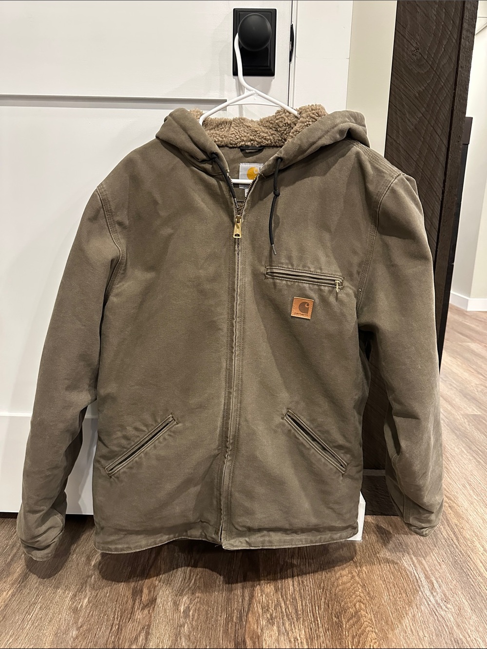Carhartt Olive/Tan Sherpa-Lined Hooded Canvas Jacket